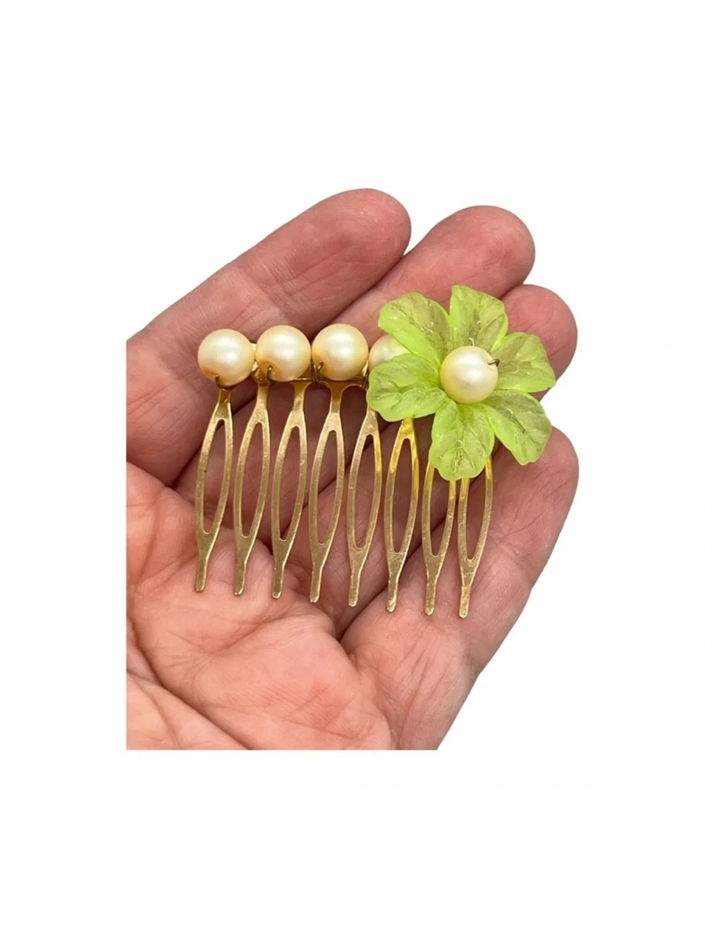 Pearl & Lime Flower Gold Hair Comb 2,0” FINAL PRICE DROP